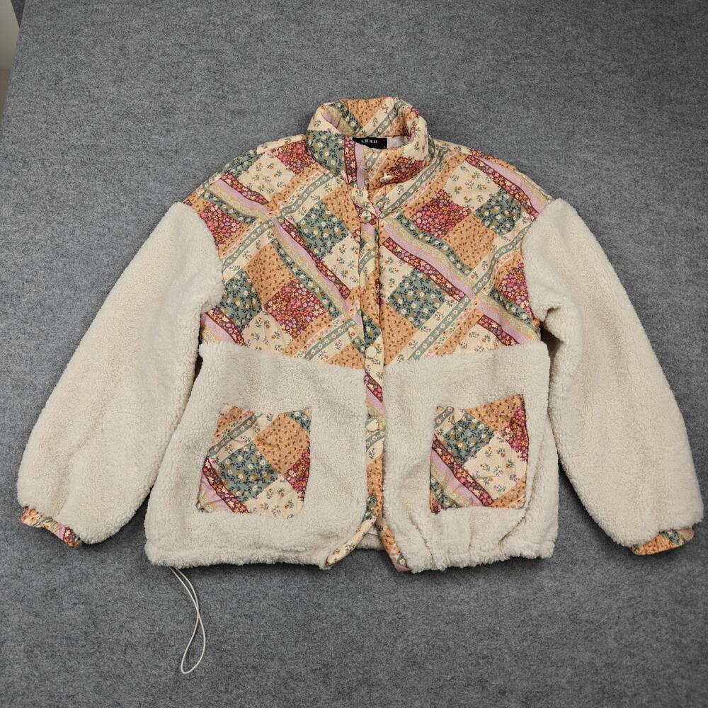 CIDER Jacket Womens Large White Quilted Floral Fleece Lined Pockets Drawstring